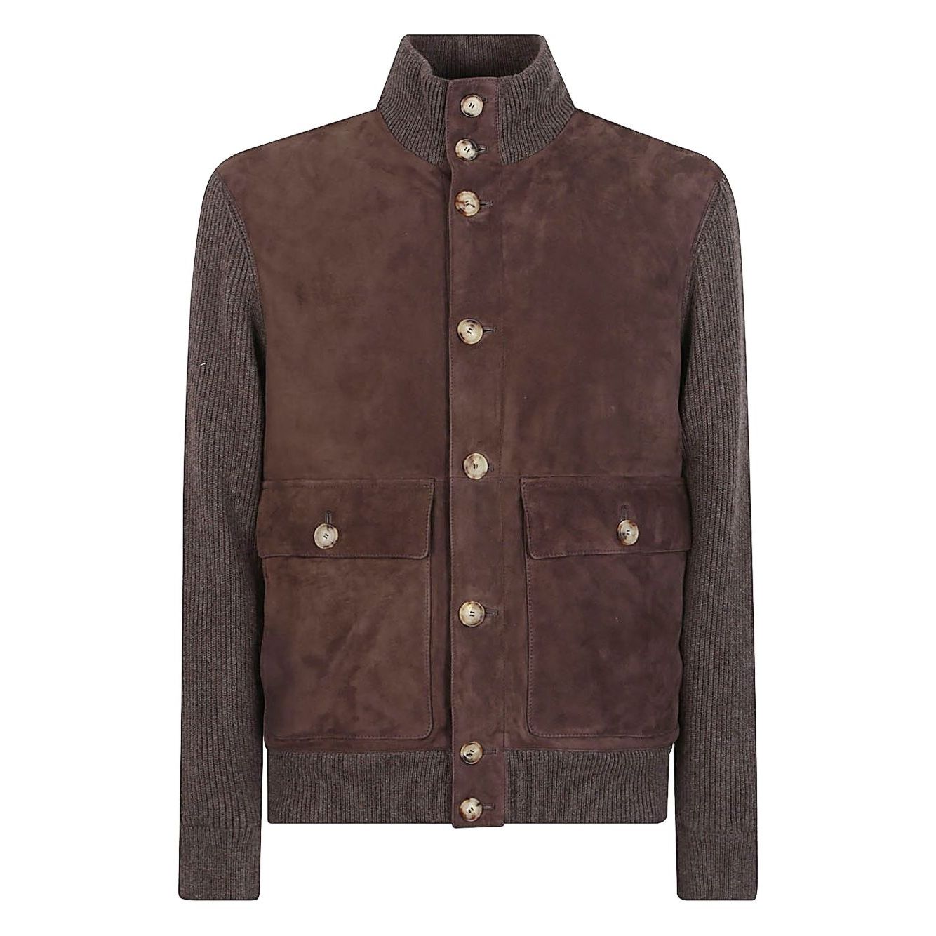 Brunello Cucinelli Suede and cashmere blouson jacket with brown leather and ribbed cashmere knit, featuring front button closure and patch pockets.