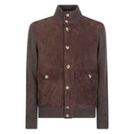 Brunello Cucinelli Suede and cashmere blouson jacket with brown leather and ribbed cashmere knit, featuring front button closure and patch pockets.