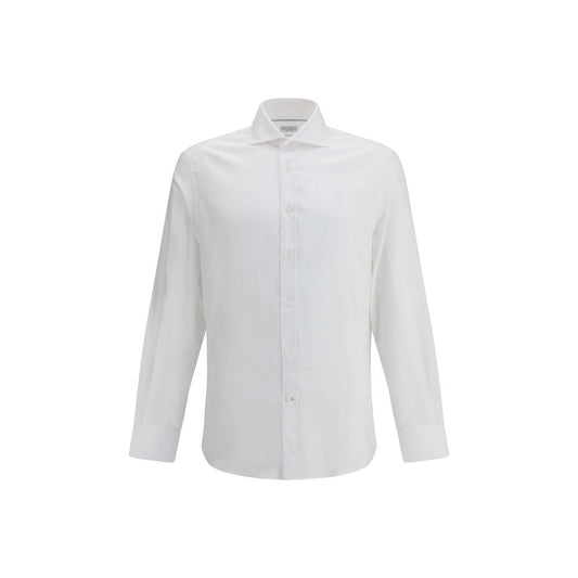 Brunello Cucinelli White Cotton Dress Shirt with classic collar and button closure, featuring a refined monochrome pattern.