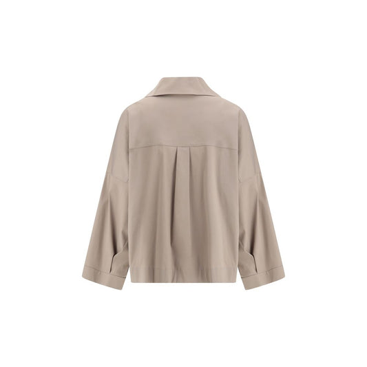 Back view of Brunello Cucinelli Wide Shirt with classic collar and wide sleeves in beige color, elegant and sophisticated fit for SS25.