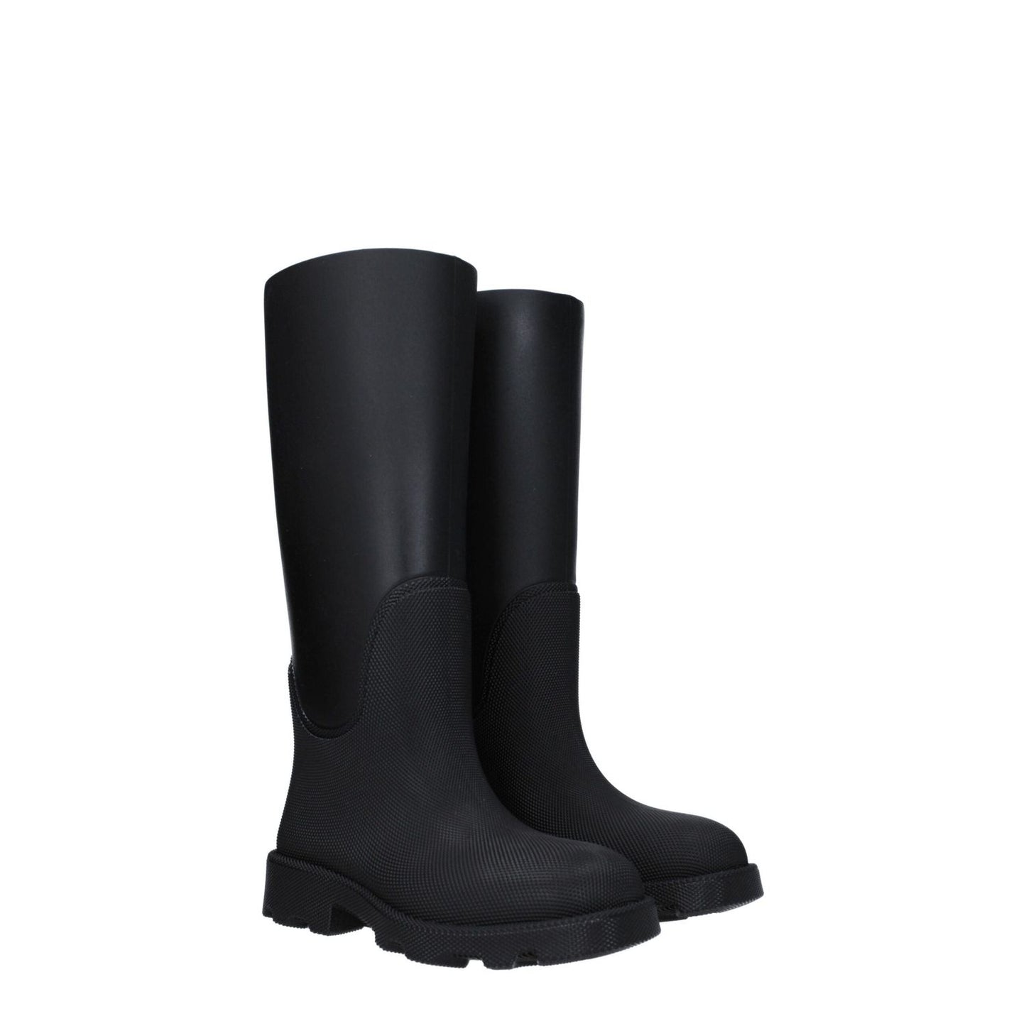 Burberry Black Cotton Rain Boots with mid heels and round toe, crafted from rubber for casual style, new collection.