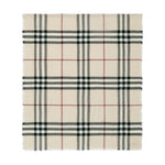 Burberry Check wool scarf with beige, red, and black pattern, raw-cut edge, and logo tag shown flat. Size: 200x90 cm.