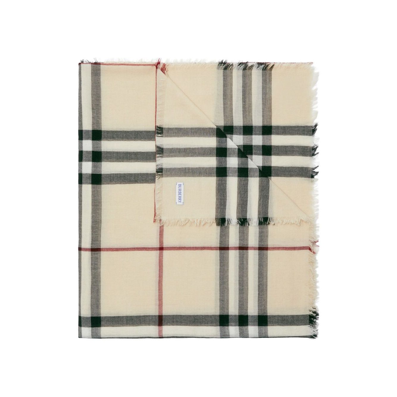 Burberry Check wool scarf in beige with house check pattern, raw-cut edges, and logo tag, 200cm length, 90cm width.