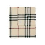 Burberry Check wool scarf in beige with house check pattern, raw-cut edges, and logo tag, 200cm length, 90cm width.