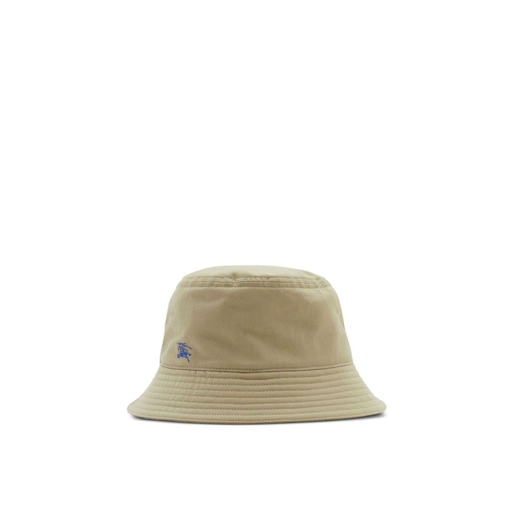 Burberry Cotton Bucket Cap with contrasting Pegaso embroidery and signature knight motif, 100% cotton, flat crown, low wide brim.