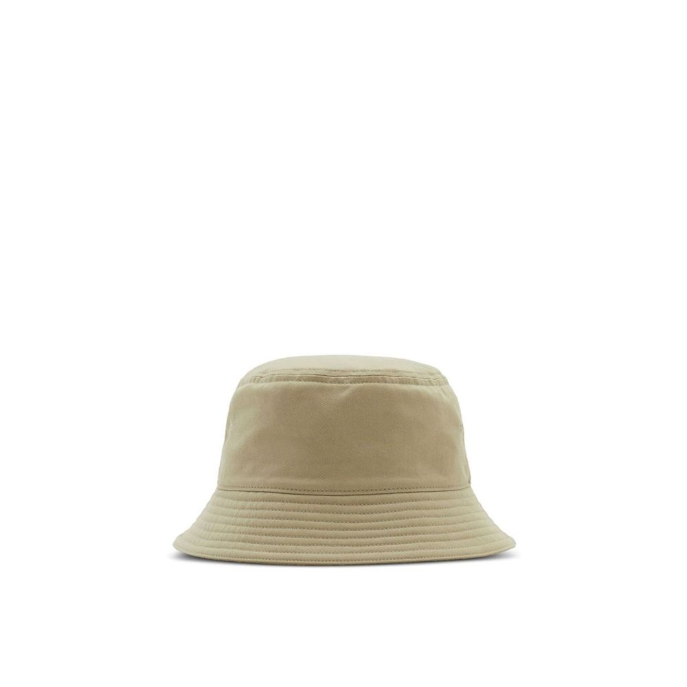 Burberry Cotton Bucket Cap with contrasting Pegaso embroidery, flat crown, and low wide brim. Made in United Kingdom for men.