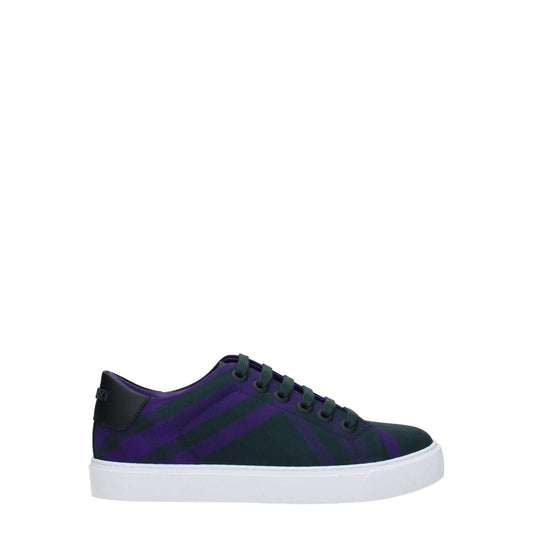 Burberry Green Fabric Sneakers with check pattern, lace-up design, leather back logo, round toe, violet accents, and rubber sole.