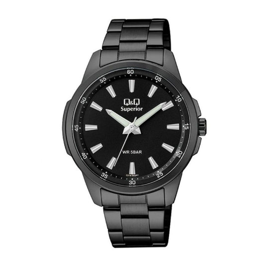 Q&Q Mod. GENT ONLY TIME wristwatch, 42mm metal case, black SS IP gun strap, quartz movement, water resistant 5 ATM in official packaging.