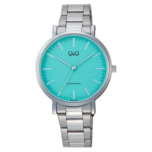 Q&Q Mod. GENT ONLY TIME wristwatch, 40mm metal case, stainless steel bracelet, water-resistant 3 ATM, quartz movement, turquoise dial