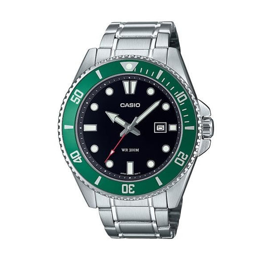CASIO COLLECTION Mod. DIVER DATE 200M - BLACK wristwatch with stainless steel case and strap, 20 ATM water resistance, 44 mm size.