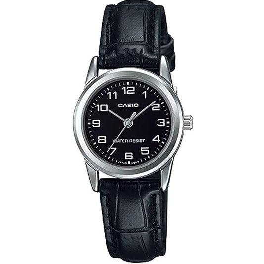 CASIO LADY 3H wristwatch with black leather strap and stainless steel case, water resistant 3 ATM, quartz movement, in official box.