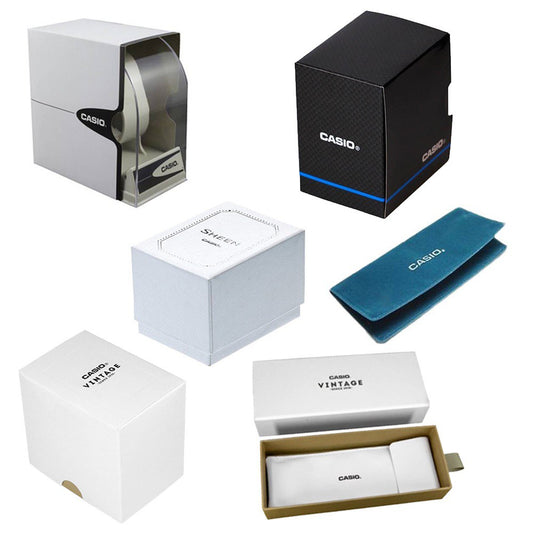 Various Casio wristwatch packaging including official boxes and pouches.