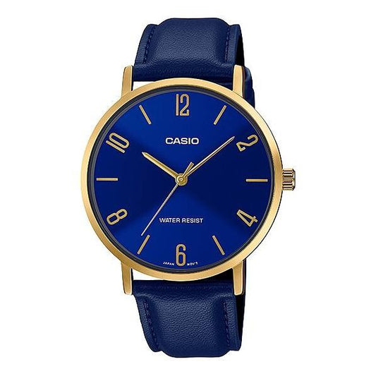 CASIO Collection Minimal Leather Blue Wristwatch, 40mm stainless steel case, blue dial, leather strap, quartz movement, water resistant 3 ATM