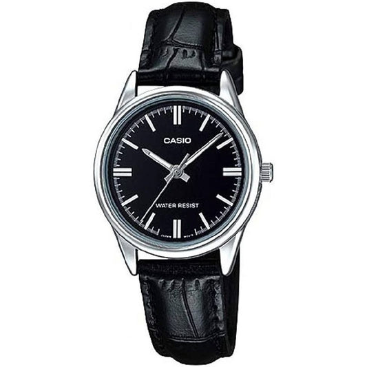 CASIO Collection lady's wristwatch with black leather strap, stainless steel case, quartz movement, and 3 ATM water resistance.