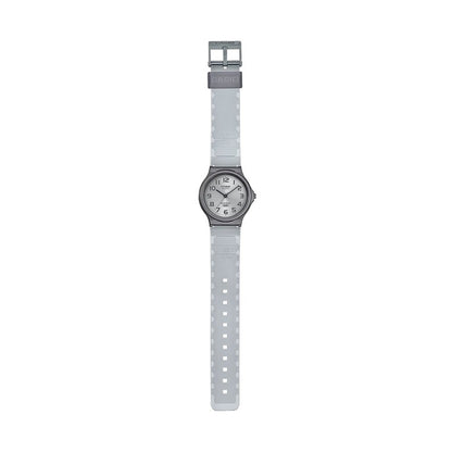 CASIO COLLECTION Mod. POP TRANSLUCID GREY wristwatch with 3 ATM water resistance, 35mm resin case, acrylic crystal, and quartz movement.