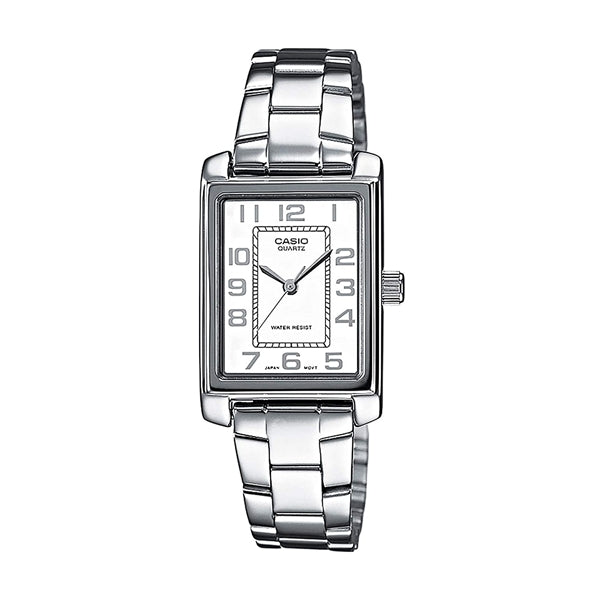 CASIO COLLECTION Mod. TANK - WHITE ladies wristwatch with stainless steel bracelet and rectangular white dial.