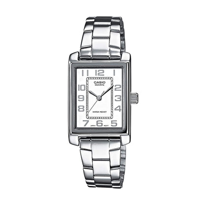 CASIO COLLECTION Mod. TANK - WHITE ladies wristwatch with stainless steel bracelet and rectangular white dial.
