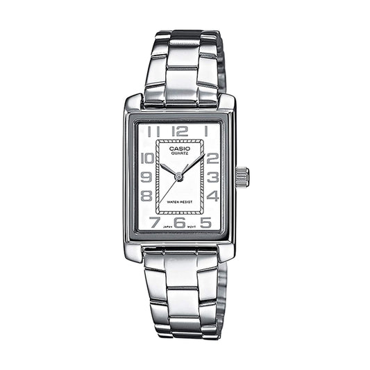 CASIO COLLECTION Mod. TANK - WHITE ladies wristwatch with stainless steel bracelet and rectangular white dial.