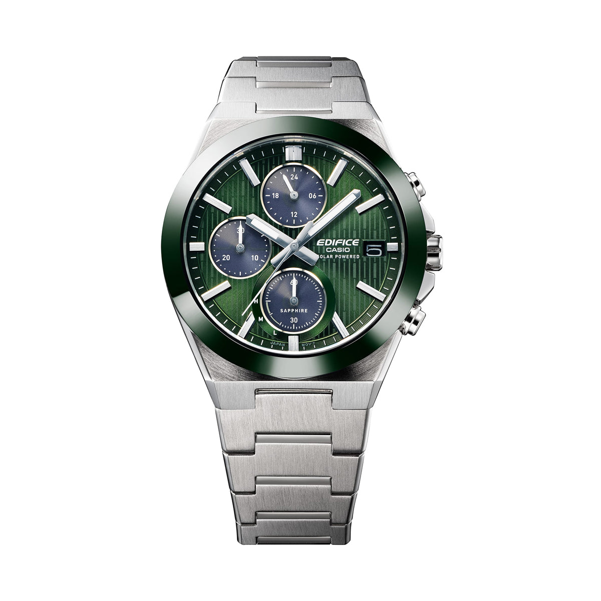 CASIO EDIFICE Mod. SOLAR POWERED CHRONOGRAPH - GREEN wristwatch with stainless steel bracelet and green dial, featuring chronograph and date.