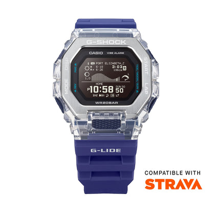 CASIO G-SHOCK Mod. G-LIDE wristwatch with blue resin strap, compatible with Strava, featuring multifunction digital display.