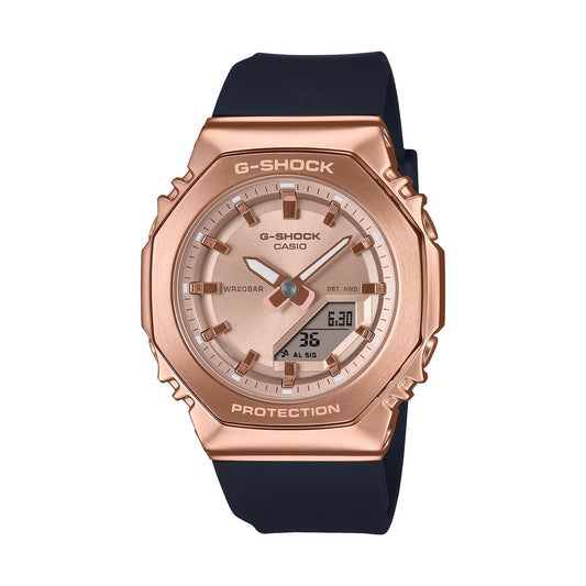 CASIO G-SHOCK Mod. MINI OAK G-STEEL ladies wristwatch with water-resistant rose gold case, multifunction dial, and resin strap.