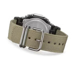 Rear view of CASIO G-SHOCK Mod. OAK METAL COVERED - UTILITY SERIE KHAKI BEIGE wristwatch showing fabric strap and case.