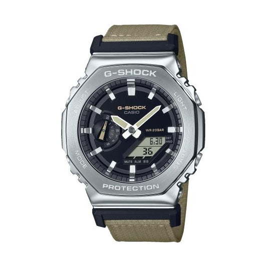 CASIO G-SHOCK Mod. OAK Metal Khaki Beige, 20 ATM water-resistant watch, 44.5mm SS & resin case, fabric strap, quartz movement.