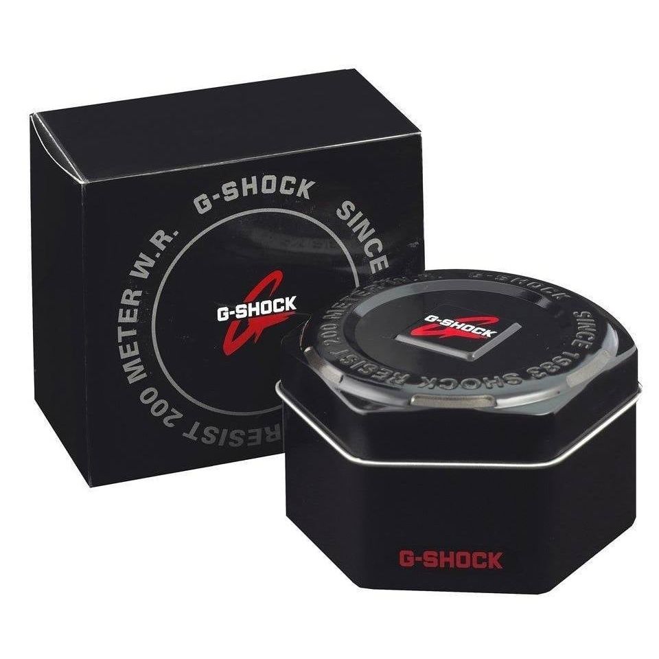 Official packaging for CASIO G-SHOCK Mod. OAK METAL COVERED - UTILITY SERIE KHAKI BEIGE with box and watch case shown.