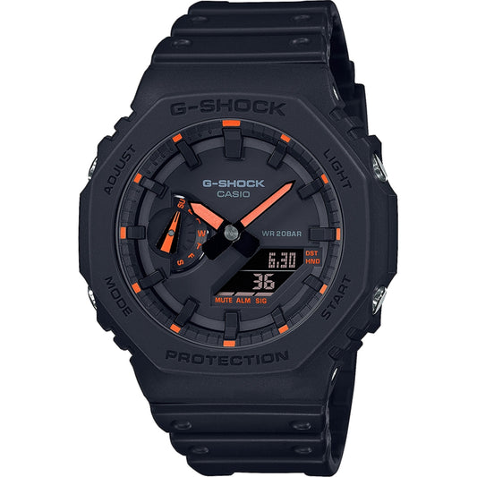 CASIO G-SHOCK Mod. OAK - Neon Orange Indexes wristwatch with carbon and resin case, black strap, quartz movement, multifunctional dial.