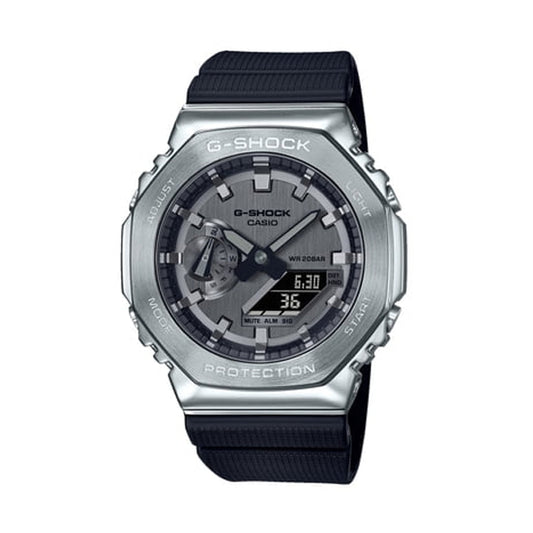 CASIO MOD. GM-2100-1AER stylish digital watch with a metallic bezel and black strap