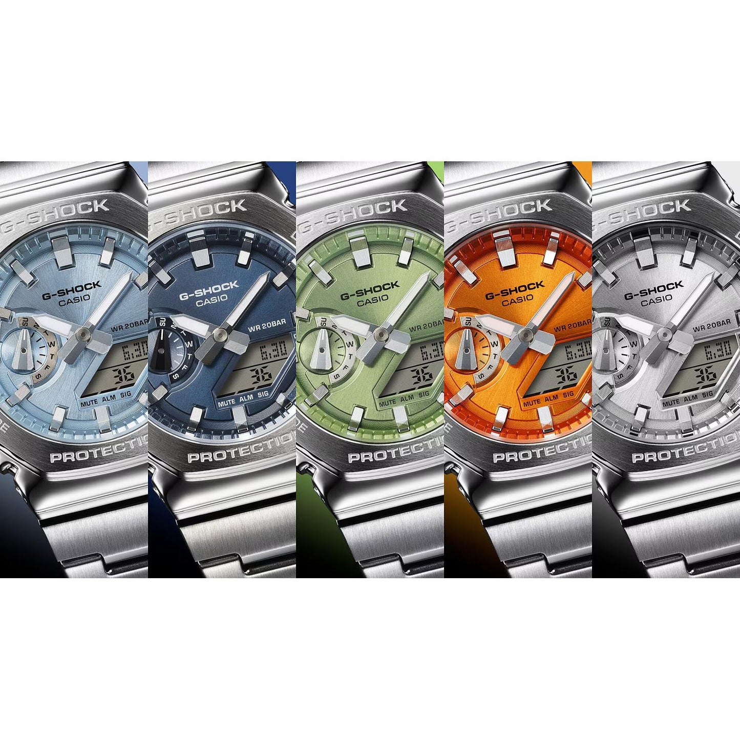Collection of CASIO MOD. GM-2110D-2AER watches in various colors, showcasing design and features.