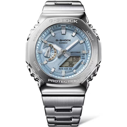 CASIO MOD. GM-2110D-2AER silver G-SHOCK watch with blue dial and stainless steel band.