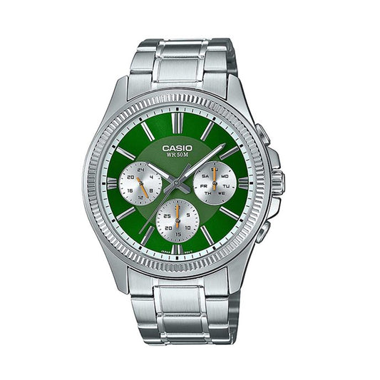 CASIO Mod. DAY DATE MULTIFUNCTION - GREEN wristwatch with green dial, stainless steel bracelet, quartz movement, and multifunction features.