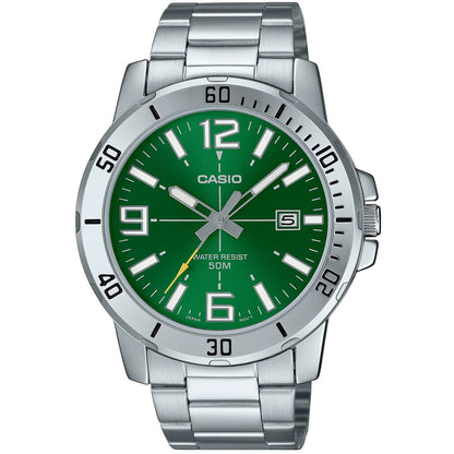 CASIO SPORT COLLECTION Mod. DIVER 50M - GREEN wristwatch with 5 ATM water resistance, 45mm metal case, and stainless steel bracelet.
