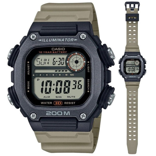 CASIO SPORT ILLUMINATOR DIVER 200M watch with XL resin strap, multifunction quartz movement, 10-year battery, 20 ATM water resistance.