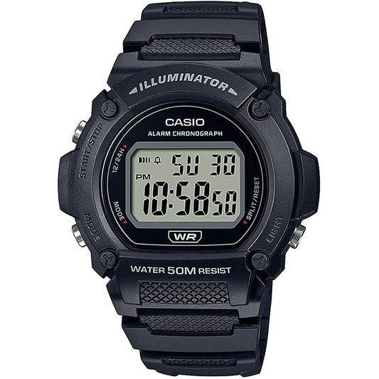 Casio Timeless Collection Sport Illuminator wristwatch with 50M water resistance, black resin strap, and multifunction quartz movement.