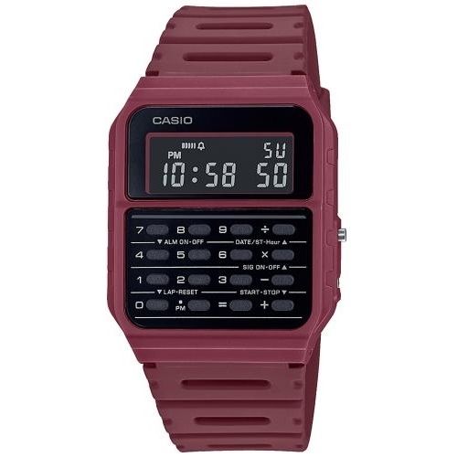 CASIO Vintage Calculator Watch Edgy Collection Red, water-resistant 5 ATM, unisex resin case and strap with quartz multifunction movement.