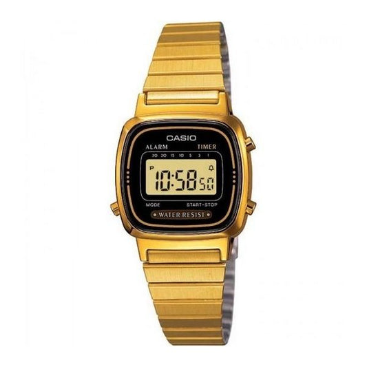 CASIO VINTAGE Iconic Mini Steel Gold Black wristwatch, 25mm resin case, multifunction quartz movement, and splash-proof protection.