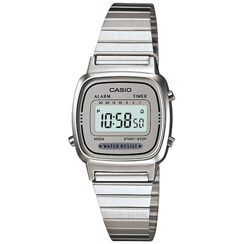 CASIO VINTAGE Mod. ICONIC MINI STEEL - LIGHT GREY wristwatch for women with stainless steel bracelet and multifunction quartz movement.