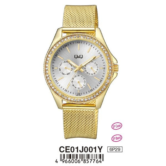 Q&Q Mod. LADY DIGITAL DAY DATA 24H wristwatch with gold mesh strap, quartz movement, 38mm metal case and mineral dial.