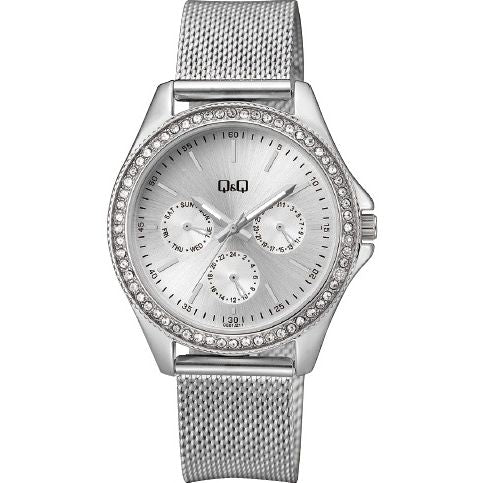 Q&Q Mod. LADY DIGITAL DAY DATA 24H wristwatch, 38mm metal case, mesh strap, quartz movement, day-data-24H functions, water-resistant 5 ATM.