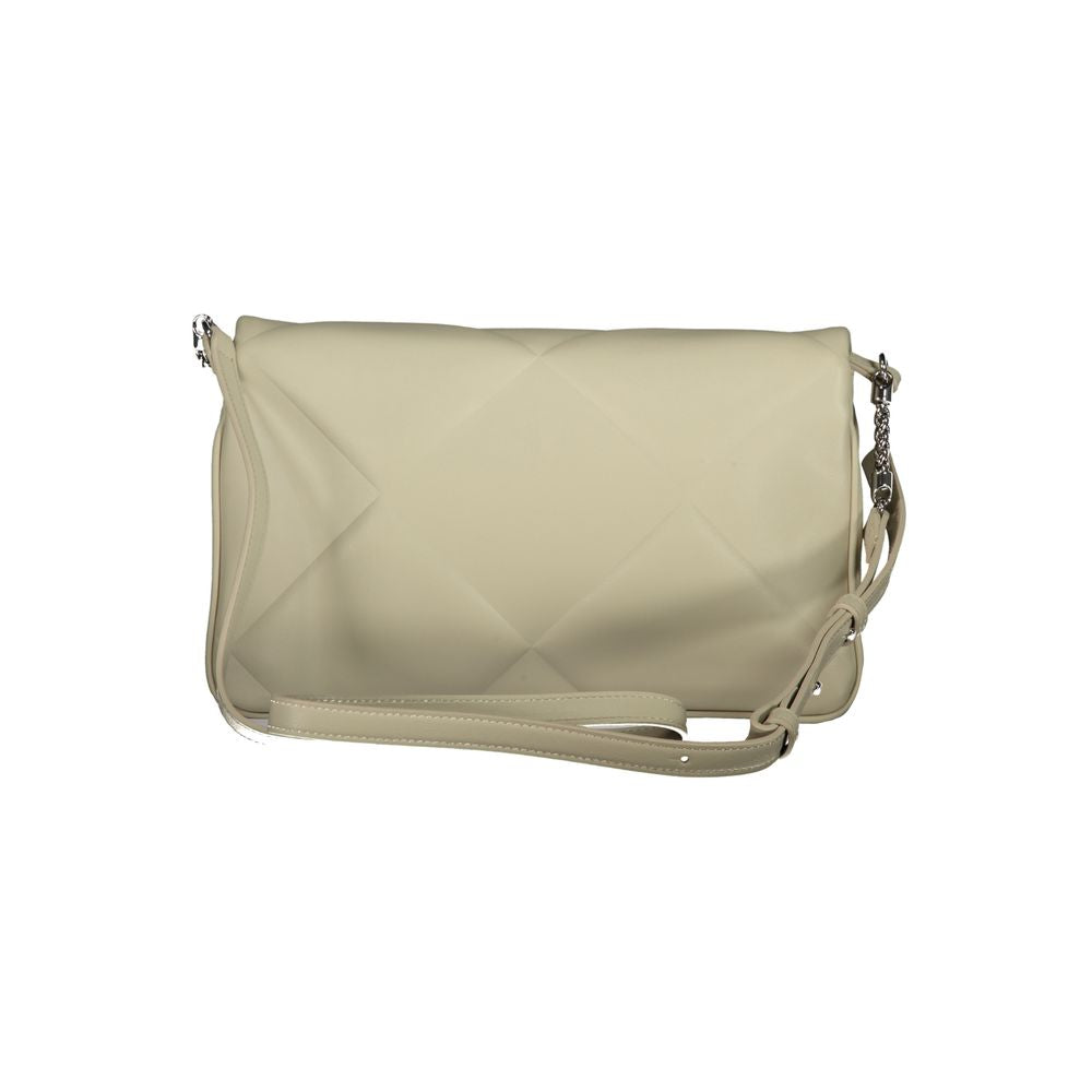 Calvin Klein Beige Cotton Handbag with adjustable strap, snap closure, and logo. Features two compartments and a card pocket.