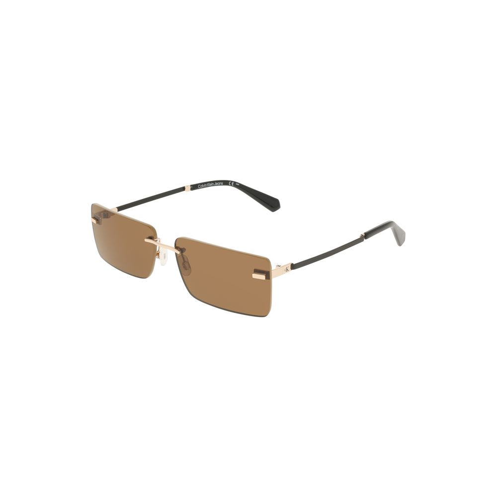 Calvin Klein Beige Metal Women Sunglass with sleek metal frame and brown rectangular lenses, ideal for chic sophistication.