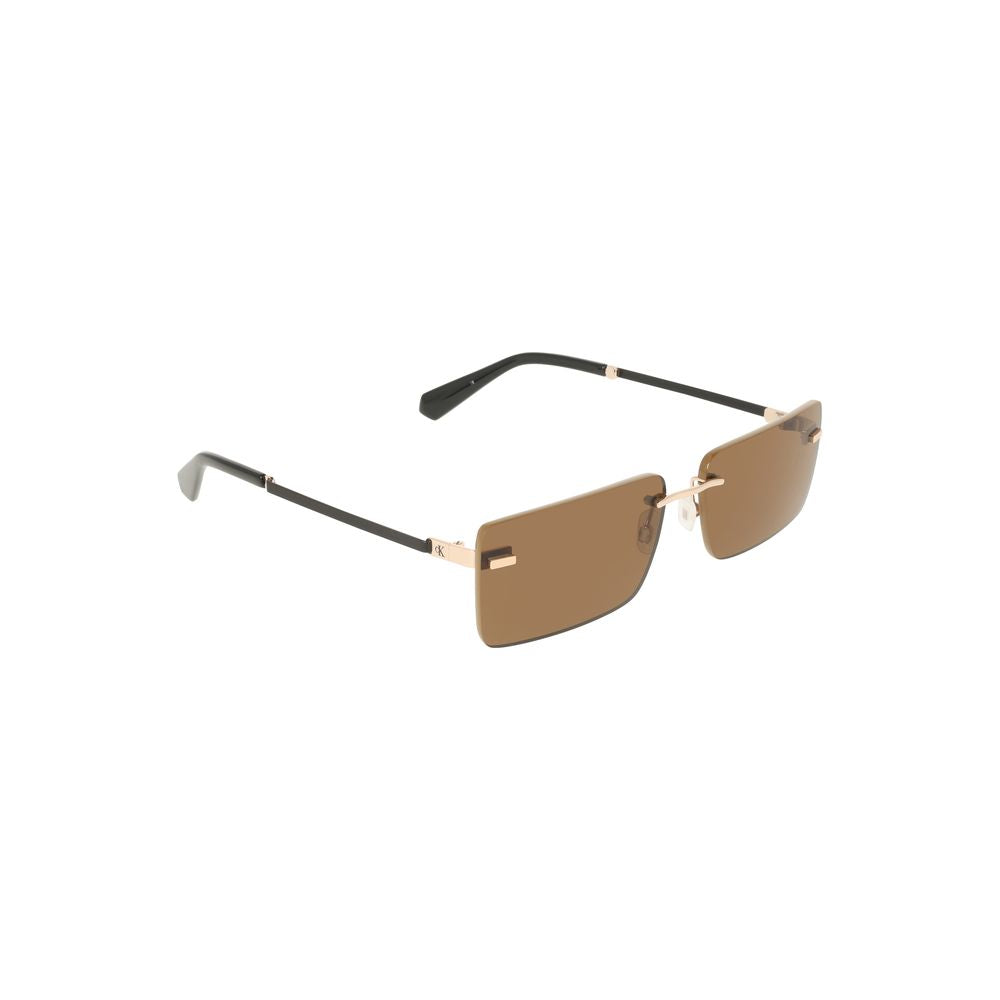 Calvin Klein Beige Metal Women Sunglass with sleek rectangular brown lens and stylish metal frame, perfect for chic sophistication.