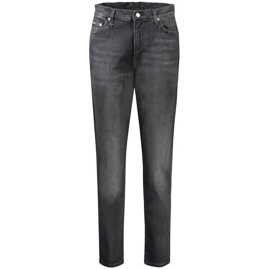 Calvin Klein Black Cotton Women Jeans with classic mom fit and iconic logo, featuring 5-pocket design and button-zip closure.