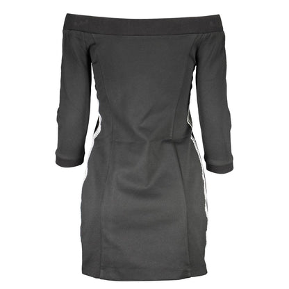 Calvin Klein Black Polyester Dress with bare shoulder neckline, 3/4 sleeves, and contrasting details showing logo.