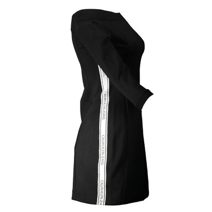 Calvin Klein Black Polyester Dress with 3/4 sleeves, off-shoulder neckline, contrasting logo details, and sleek design.