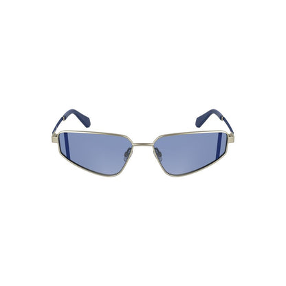 Calvin Klein Gray Metal Women Sunglasses with blue lenses and rectangular metal frames, lens width 57 mm, bridge 15 mm, temple 140 mm.