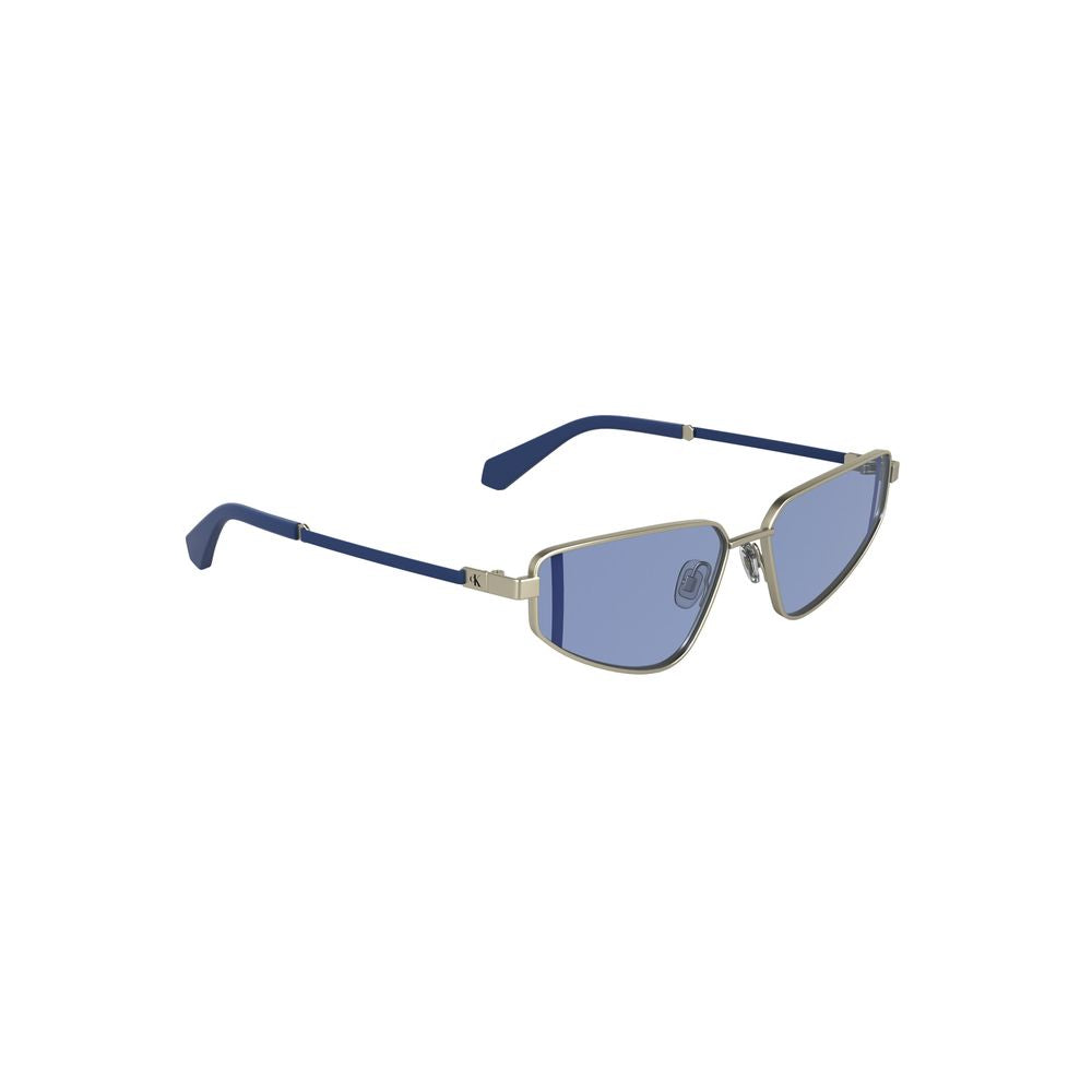 Calvin Klein Gray Metal Women Sunglasses with blue lenses and sleek rectangular frame. Lens width 57mm, bridge 15mm, temples 140mm.