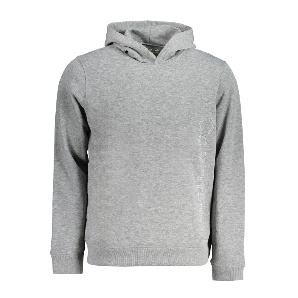 Calvin Klein Gray Polyester Men Sweater, eco-friendly long sleeve hoodie with logo, made from recycled materials for comfort and sustainability.